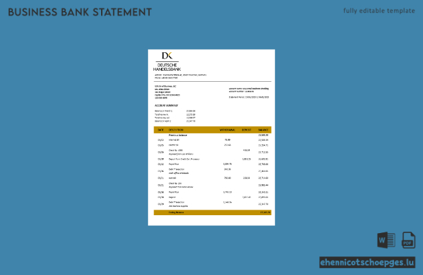Deutsche Handelsbank Firmenkontoauszug im Word- und PDF-Format – Beispielansicht